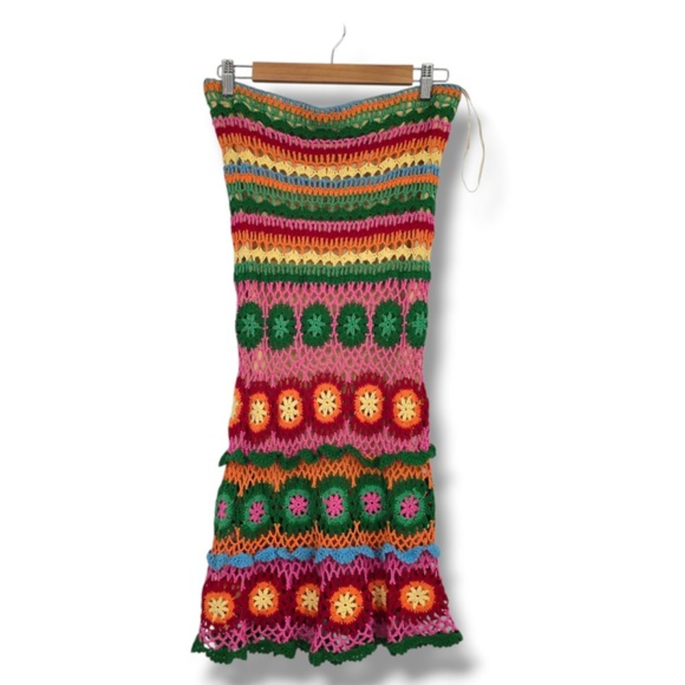 Y Apparel USA Womens Crochet Tube Dress Multicolor Striped Granny Square Lined - Picture 2 of 9